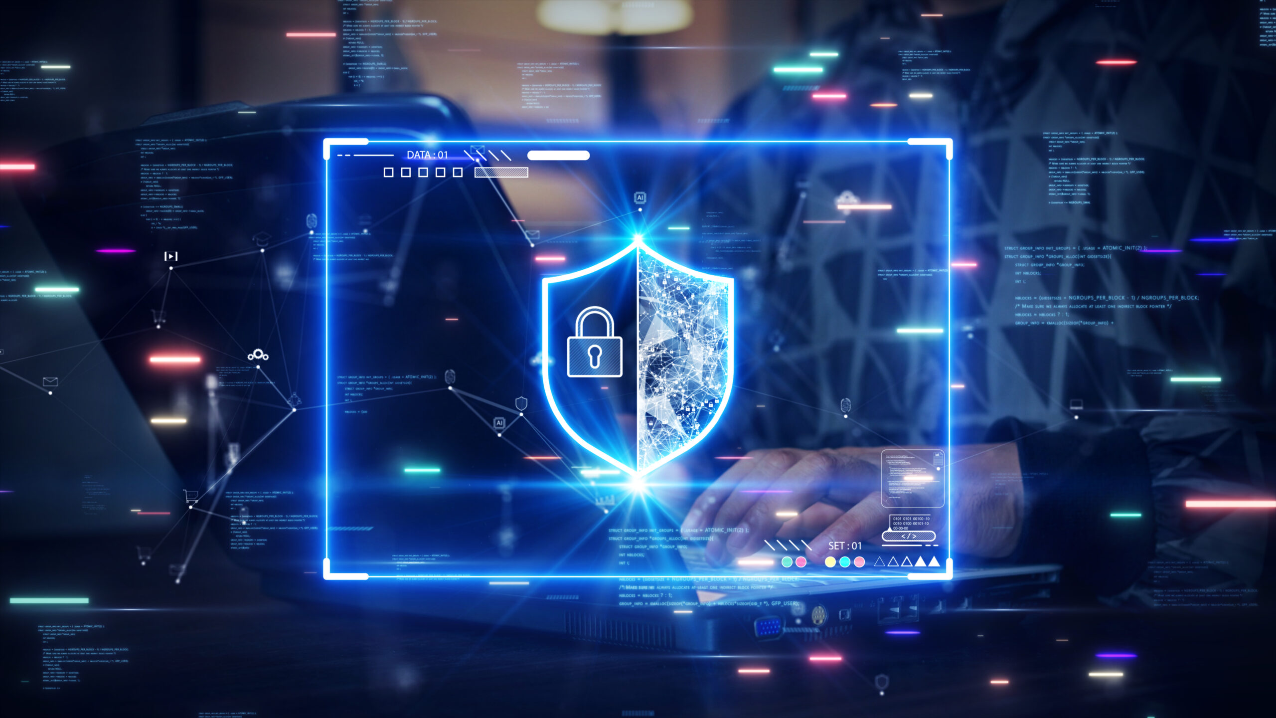 Man using laptop computer accessing applications or login Internet network to conduct transactions through digital technology cybersecurity password protect personal information from online crime.