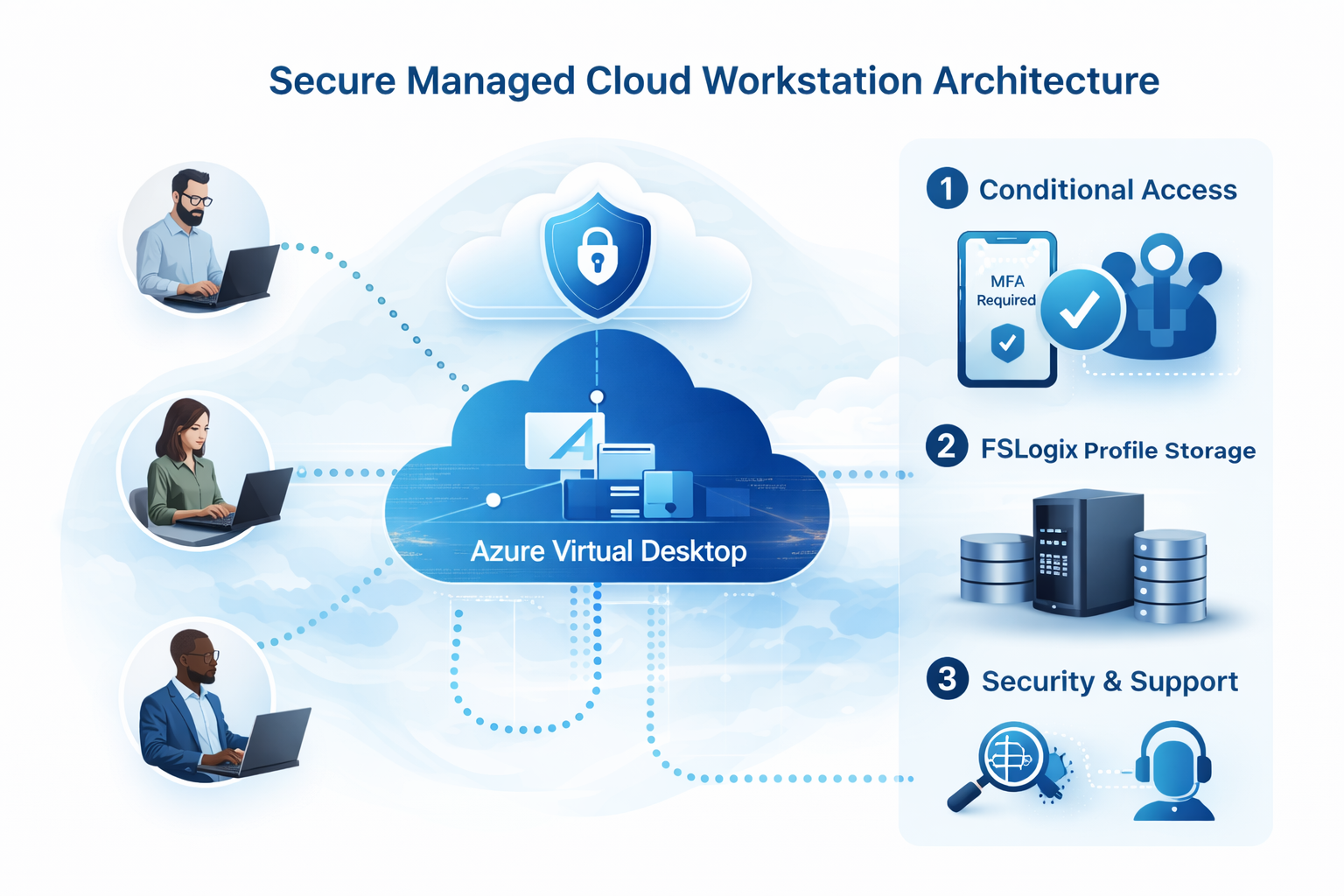 Infographic showing Azure Virtual Desktop architecture with secure access, profile storage, and support components.
