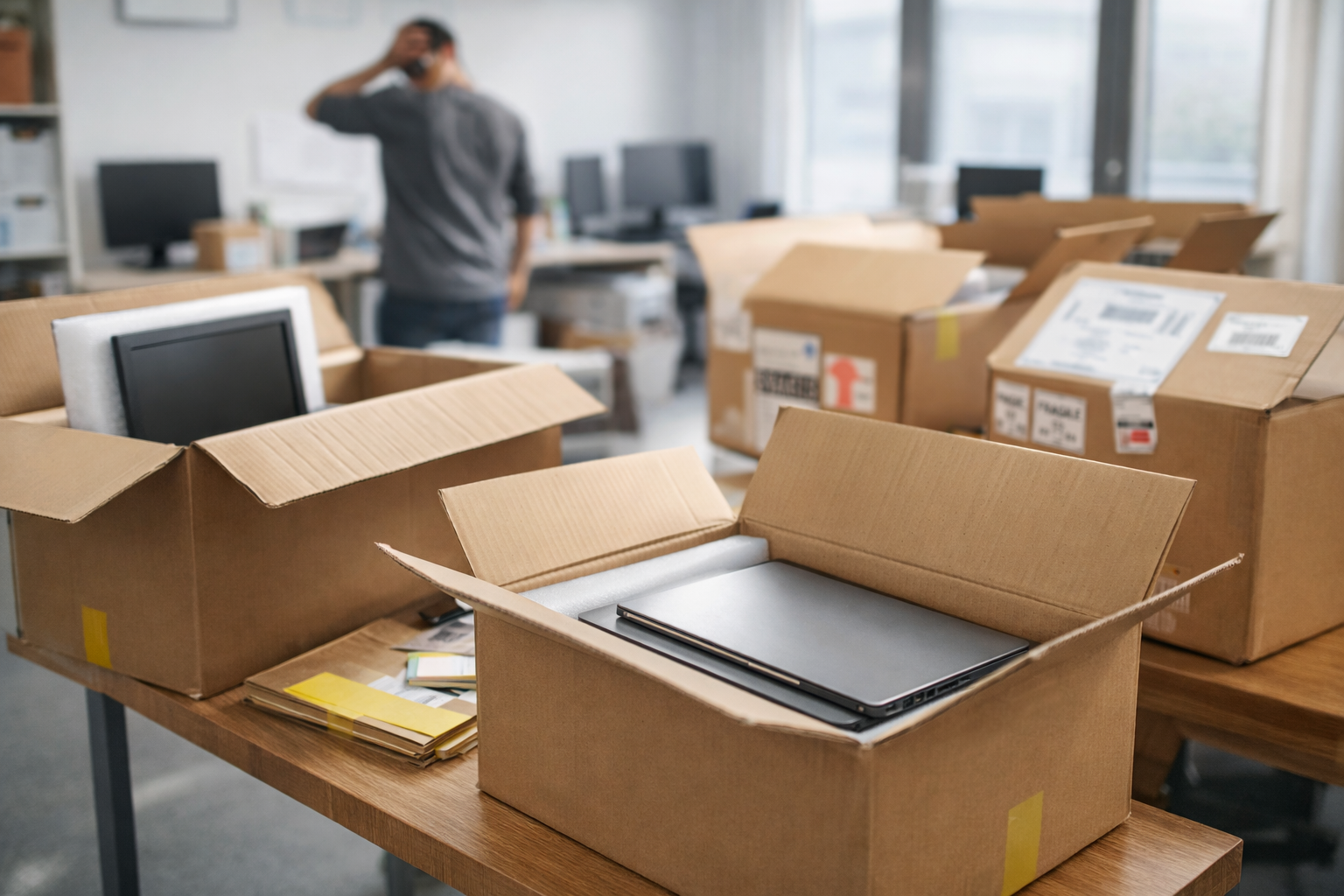 Shipping boxes with desktop computers and monitors ready for deployment to remote team members.